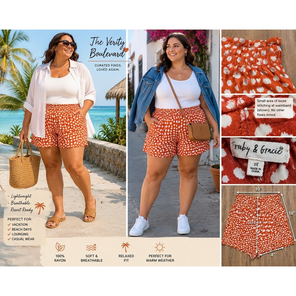 Ruby & Grace Women 3X Short Pockets OrangeA White animal print Resort Beach Boho